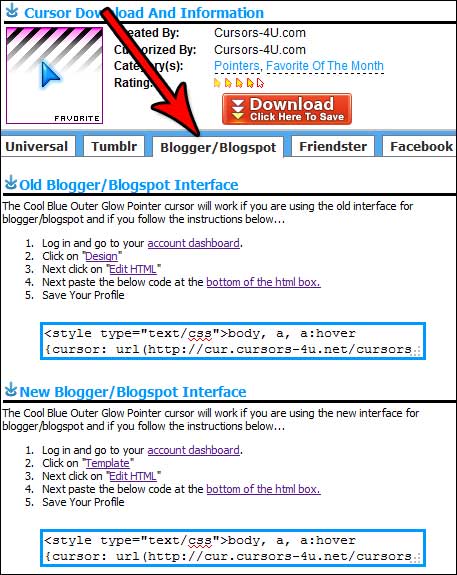 How to add cursors on Blogger or Blogspot