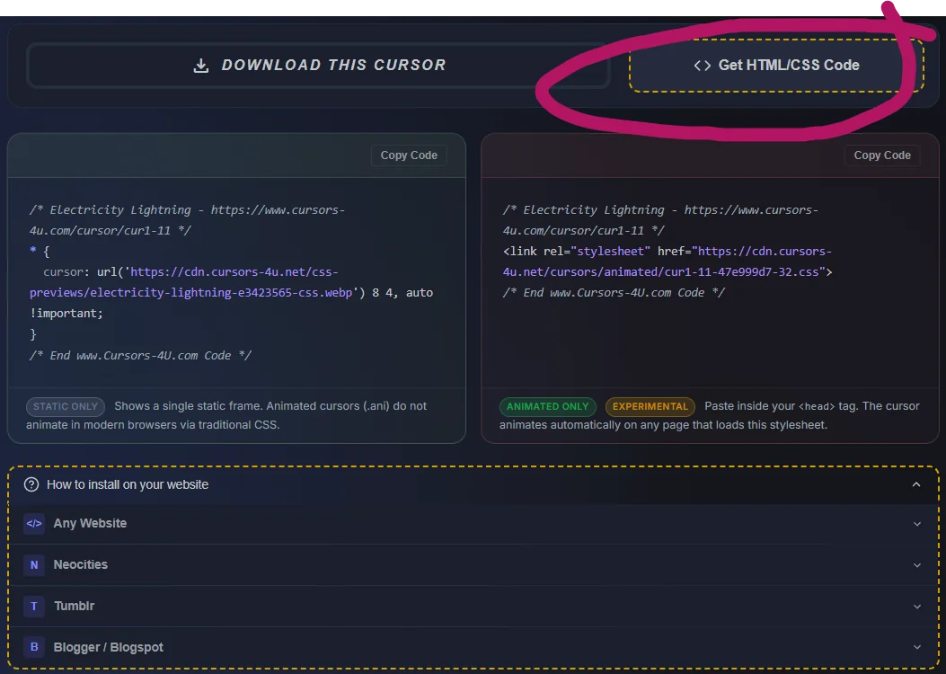The Get HTML/CSS Code button on a cursor page, showing the animated embed link