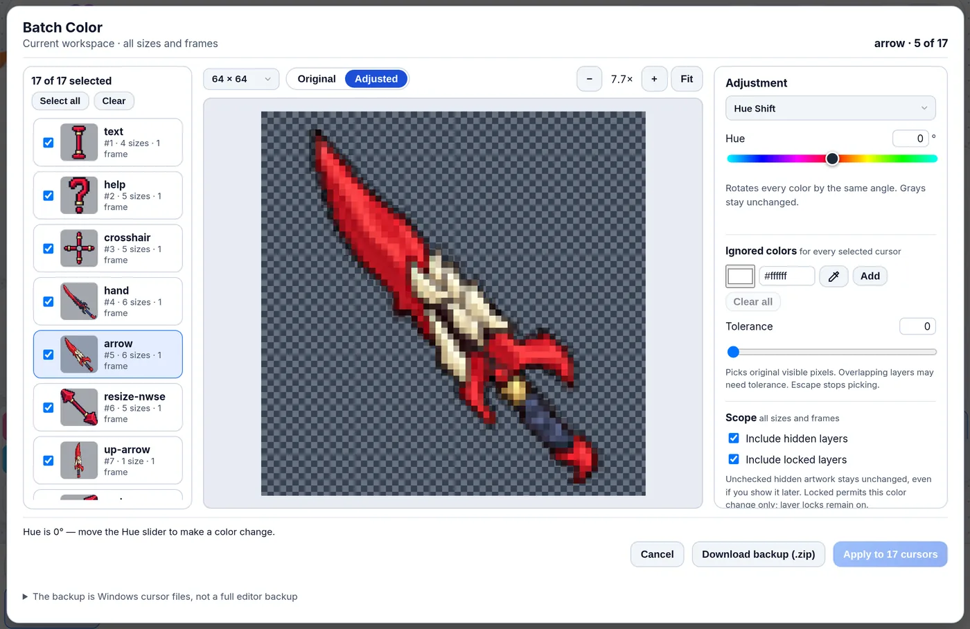 The Batch Color window stepping through a recolor: a red dagger cursor, the same cursor previewed in blue after a hue shift, the Applying colors progress panel, and Review mode with Discard Batch and Keep Changes buttons