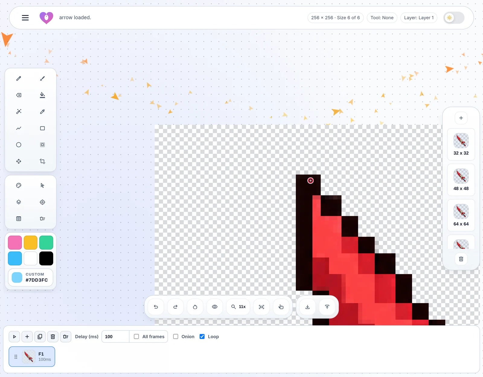 The editor zoomed in on the corner of a cursor, with empty working space between the canvas edge and the toolbars