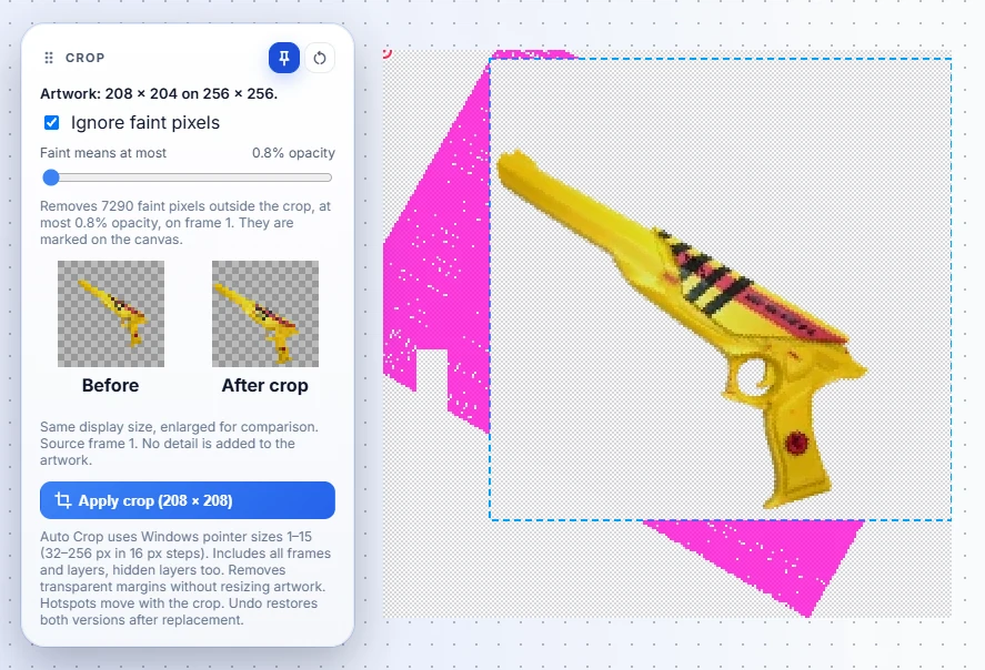 The Crop panel with Ignore faint pixels ticked: the faint stray pixels it would remove are marked in pink on the canvas around a yellow pistol cursor, with a Before and After crop comparison