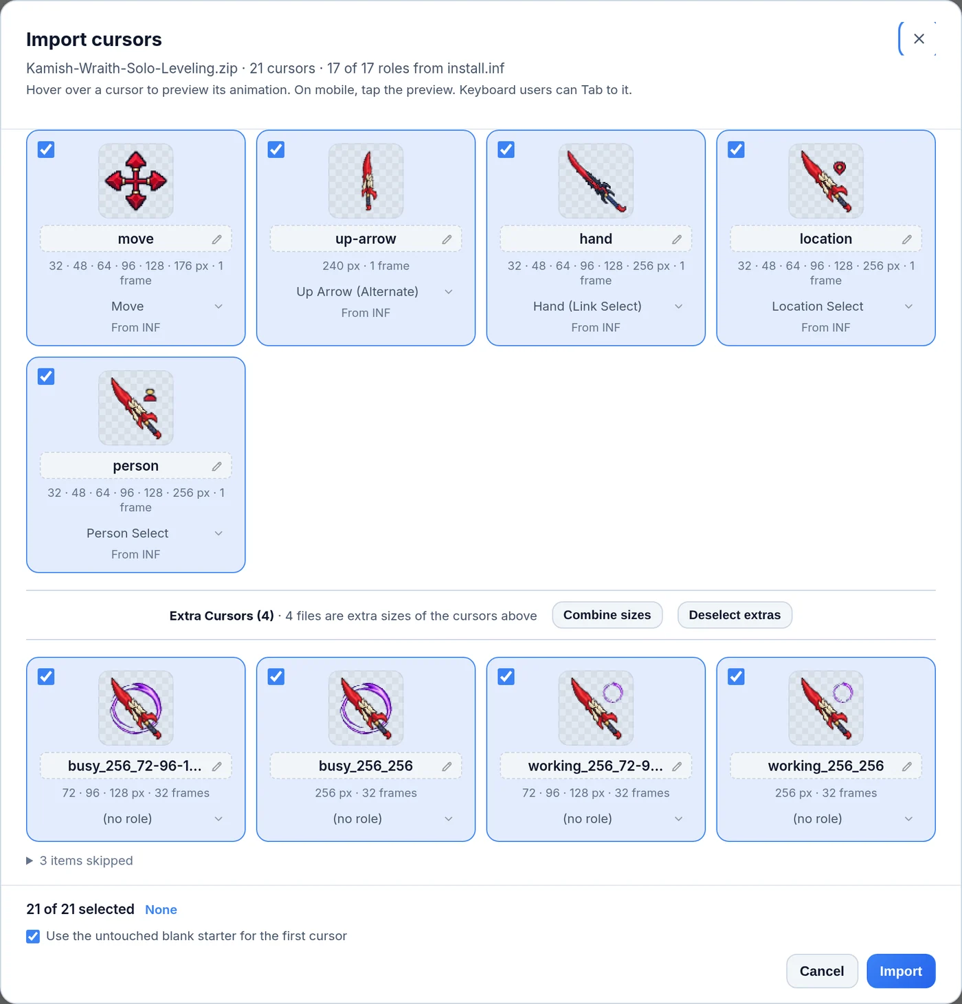 The Import cursors window listing the cursors named by install.inf first, then an Extra Cursors section with Combine sizes and Deselect extras buttons