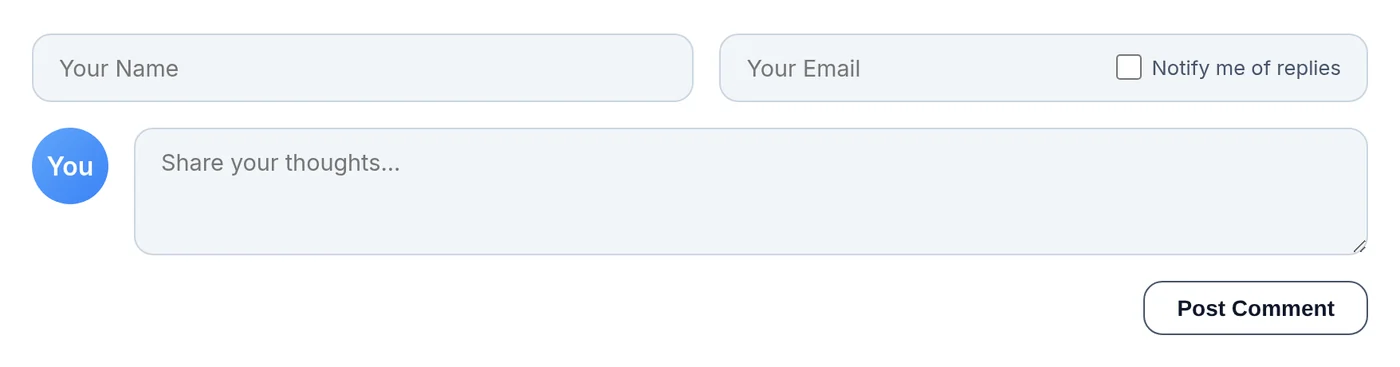 The comment form with an unticked Notify me of replies checkbox inside the email field