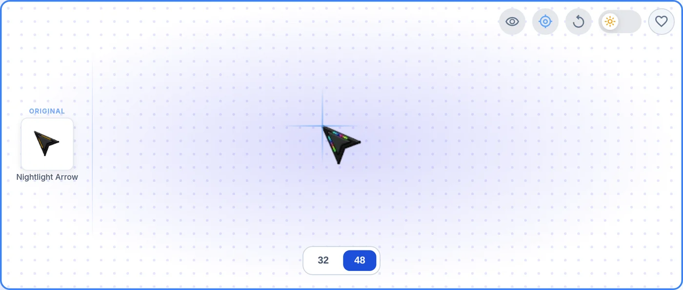 The preview box on a cursor page with the live preview, hotspot and replay buttons at the top right, and the hotspot guide lines crossing on the tip of an arrow cursor