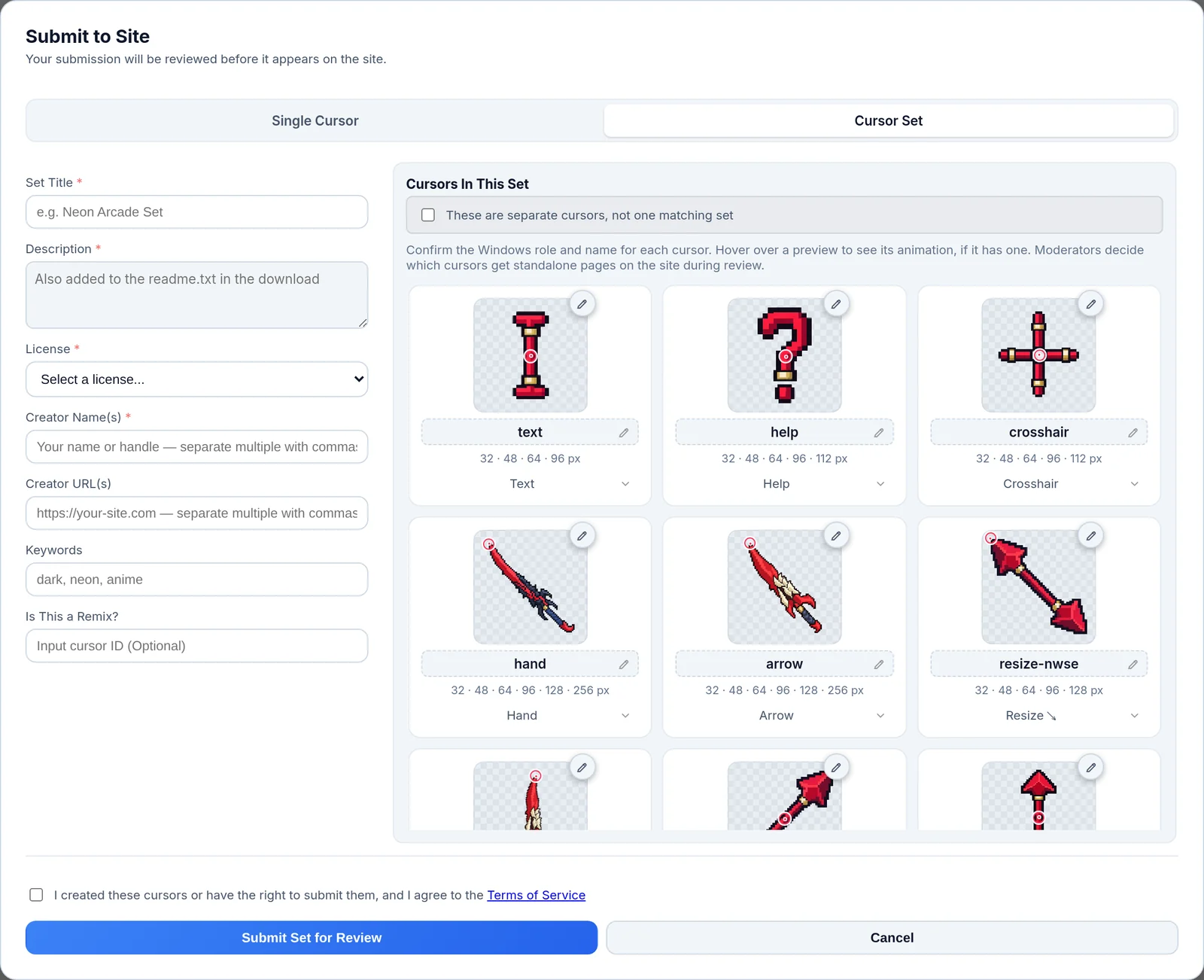 The Submit to Site window on the Cursor Set tab, where every review card has a pencil badge beside its preview