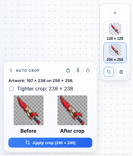 Auto Crop panel open beside the size list, showing the artwork readout, the Before and After crop comparison, and the Apply crop button