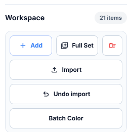 The Workspace panel's actions card with the Batch Color button below Import and Undo import