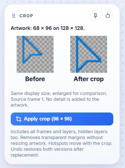 The Crop panel showing the artwork readout, the Before and After crop comparison, and the Apply crop button
