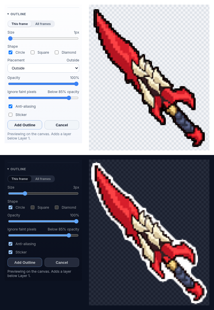 Two examples on Kamish's Wrath, each beside the Outline settings that made it: a 1px black Outside outline, and a white 3px sticker shown in the dark theme