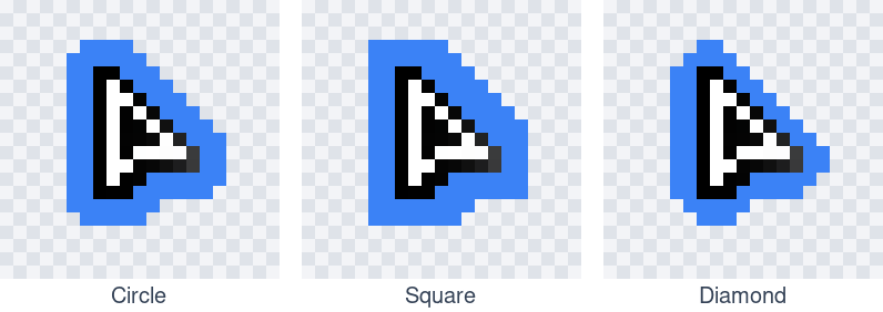 A blocky pixel-art arrow with a blue 2px outline in each shape: Circle bulges at every step, Square follows the steps evenly, Diamond notches each corner