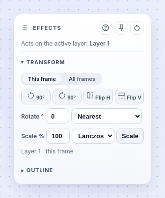 Effects panel with the Transform card open: This frame or All frames, rotate and flip buttons, Rotate angle, and Scale