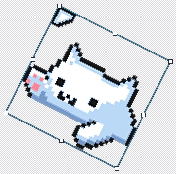 The 128-pixel Slapping Cat cursor rotated 26.6 degrees with cleanEdge: its outlines stay clean lines, with eight handles on the turned box