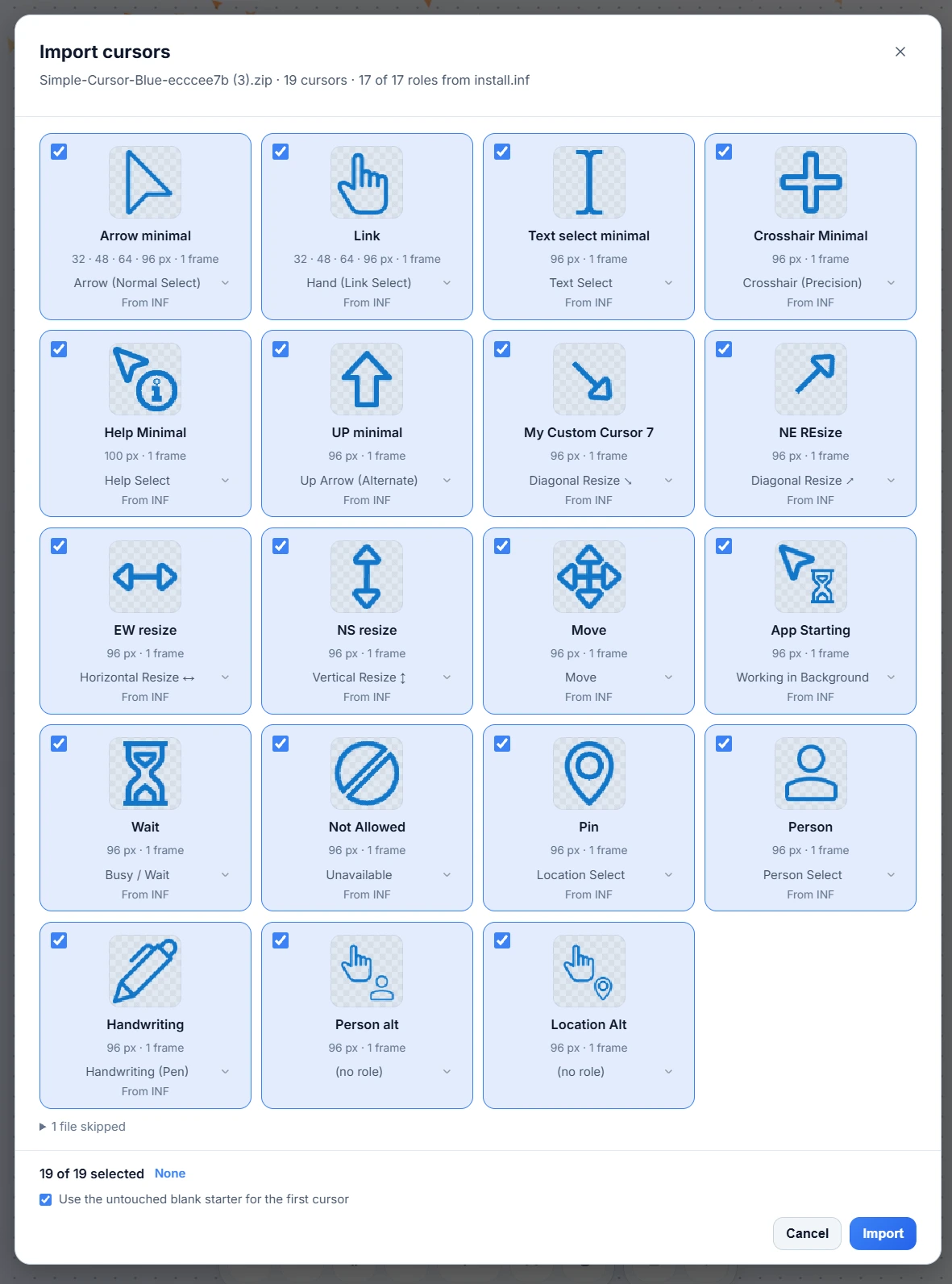 The Import Review Dialog listing every cursor found in an archive with its sizes, frame count and role from install.inf