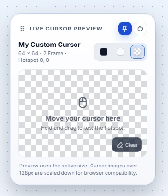 Live Cursor Preview flyout with test surface and background options