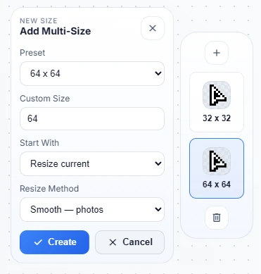 Multi-size shelf and Add Multi-Size panel interface