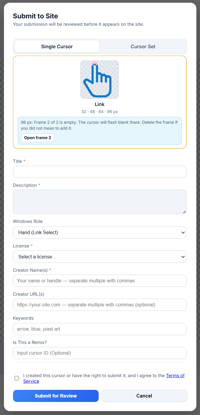 Submit to Site dialog on the Single Cursor tab, showing the review card and the metadata form
