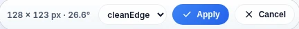 The selection bar during a transform: 128 x 123 px, 26.6 degrees, cleanEdge, Apply and Cancel